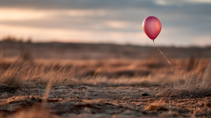 A pink balloon escapes into a desolate field during sunset, floating above the tall grass, capturing a sense of solitude and freedom.