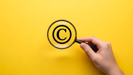 Magnifying glass examining the copyright symbol concept on yellow background | Searching for intellectual property protection and legal rights | Investigation of content ownership and creative work