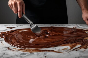 Chocolatier spreads melted chocolate smoothly across marble slab with controlled craft and patience
