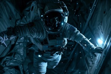 Portrait of Astronaut Posing in a Space Suit During a Spacewalk Mission on a Spaceship. Neural network ai generated art