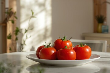 Fresh ripe tomatoes displayed on white plate in warm sunlit rustic kitchen