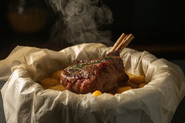 Lamb kleftiko revealed as parchment opens releasing steam herbs and slow roasted warmth