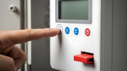 Man's finger pressing start button on modern control panel | Close up of hand operating technical equipment interface | Industrial automation device activation and data input | Operating digital