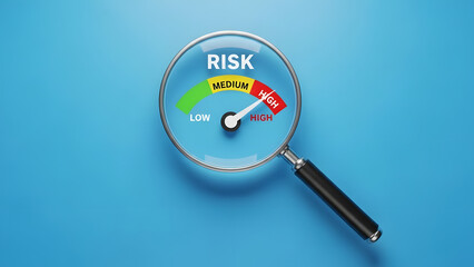Analyzing high financial risk levels with magnifying glass visualization | Business risk assessment gauge pointing to critical red zone | Conceptual illustration of escalating market danger and