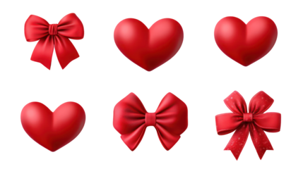 Valentine's day heart and bow illustrations, red love symbols, 3d rendering, isolated on transparent background