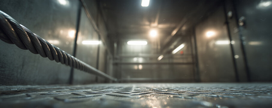 Freight elevator interior with cable and grated floor showing industrial setting and lighting for warehouse operations