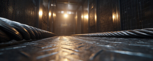 Freight elevator interior with blurred cables and grated floor in an industrial setting at night
