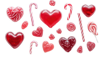 Valentine's day sweet treats: heart-shaped candies and lollipops on transparent background