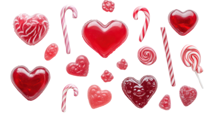 Valentine's day sweet treats: heart-shaped candies and lollipops on transparent background