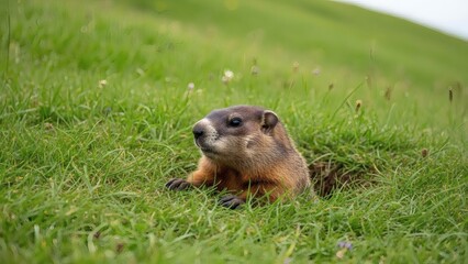 Groundhog peeking out from lush green grassy hillside perfect for Groundhog day