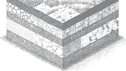 Isometric view of a detailed cross-section illustrating multiple distinct layers of soil and rock formations with grass and vegetation on the surface in a monochromatic style © Towhidul