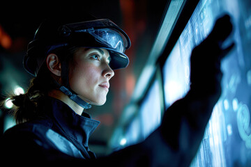 A focused individual interacts with a high-tech display, showcasing advanced technology and futuristic elements in a dimly lit environment.