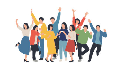 Obraz premium Joyful group of diverse men and women cheering and raising their hands in celebration against a plain white background.