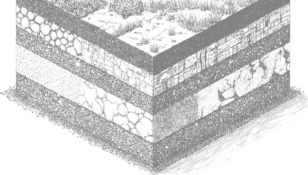 Isometric view of a detailed cross-section illustrating multiple distinct layers of soil and rock formations with grass and vegetation on the surface in a monochromatic style