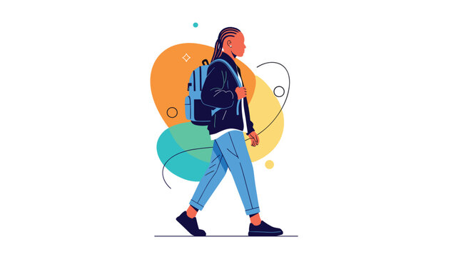 Young student with braids and a blue backpack walking forward against an abstract colorful background representing education.