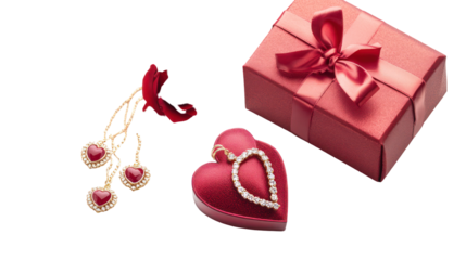 Valentine's day gift box with jewelry, heart-shaped box, love, jewelry, gifts, romance, presents, earrings, necklace, pearl, red, luxury, celebration, isolated on transparent background