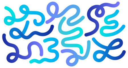 abstract playful squiggle lines wavy shapes, modern fluid curves and swirls set with smooth blue gradients, perfect for modern backgrounds, branding, and creative designs