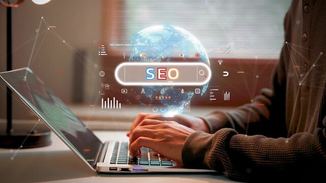 A person using a laptop with a glowing digital holographic SEO search bar and global networking icons symbolizing search engine optimization and digital marketing strategy in a modern workspace