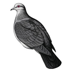 Fototapeta premium A black bird with red eyes and a black beak on a white background is a pigeon looking very alert and still.