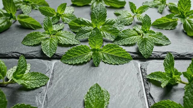 Mint Freshness On Slate Stone Surface Displaying Culinary And Refreshment Qualities
