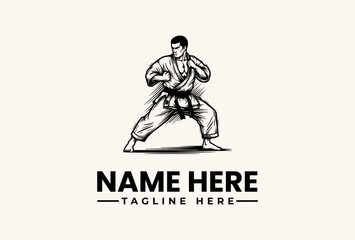 Naklejka premium A martial artist in a fighting stance with a logo and space for a name and tagline on a clean background, featuring a vector illustration style.