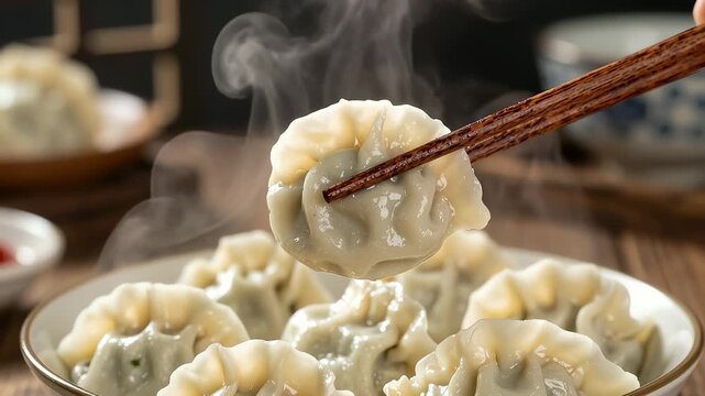Wooden chopsticks lifting a steaming hot handmade dumpling