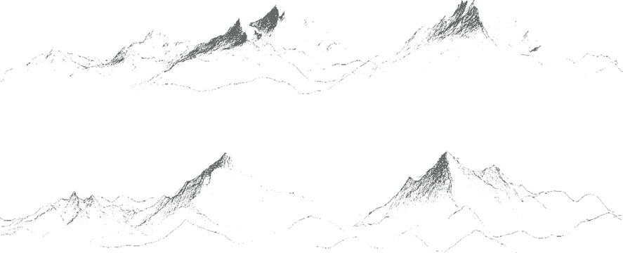 Panoramic view of expansive mountain ranges rendered in a detailed style with intricate lines and shading creating a sense of depth and scale