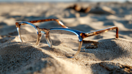 Lost in the sands of time: A pair of eyeglasses rests on the sun-kissed beach, merging vision with the vast horizon.