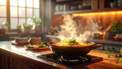 Steaming pot of homemade meal on a stove in a warm, sunlit kitchen. Freshly cooked dish exudes aroma and comfort