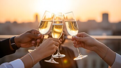 Four Hands Toasting Champagne Flutes Celebrating Outdoors During Golden Hour Sunset Over Cityscape Rooftop Gathering