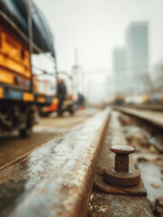 Rail maintenance yard with rail spike and tool cart in blurred background during a work session
