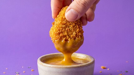 Hand dipping crispy fried chicken nugget into honey mustard sauce