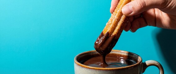 Hand dipping churro into chocolate sauce