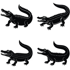 Fototapeta premium Alligator silhouette vector, crocodile reptile illustration, predator pose animal composition, sun element design, cad drawing flat vector illustration, swamp stance