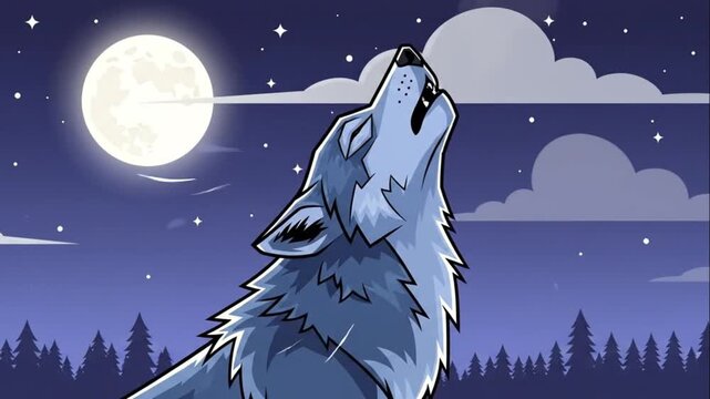 Wolf Howling at Full Moon Night Forest Illustration