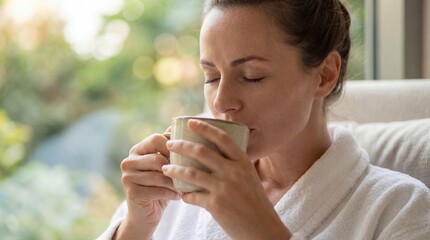 Woman enjoying warm tea drinking in bathrobe
