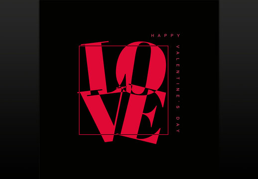 Modern Abstract Love Typography Card Template for Happy Valentine's Day on Black Background