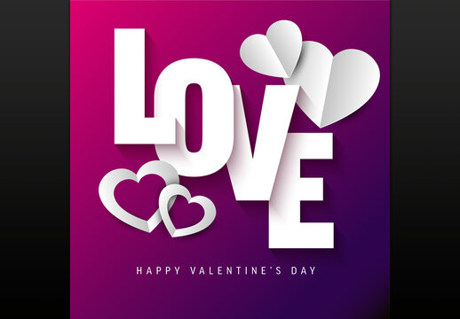 Valentine's Day Love Card Template with White Typography and Paper Hearts