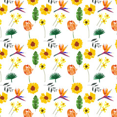 Pattern giardino di fiori arancio, gialli e foglie verdi