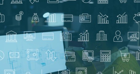 Holding coffee mug, woman in green sweater working on laptop at office, overlay icons, copy space