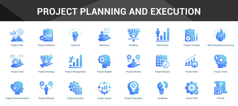 Project Planning And Execution Cohesive set of minimalist vector icons representing key ideas with visual clarity