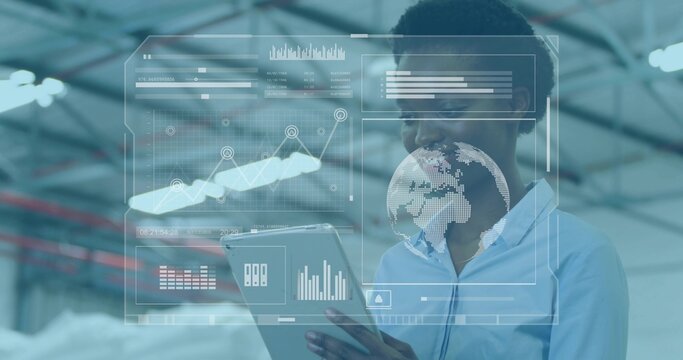 Holding technician wearing light blue shirt viewing tablet at plant with AR data, copy space - Powered by Adobe