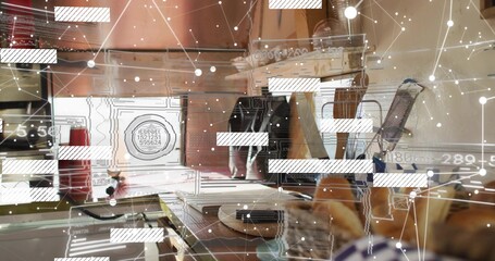 Featuring croissant plate resting on wooden table at cafe with phone and data overlay, copy space