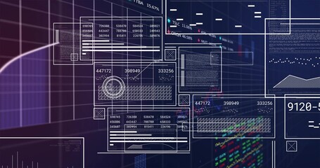 Showing layered data panels on purple navy grid, including numeric matrices, code blocks and charts