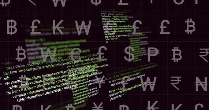 Glowing code panels floating over dark grid, displaying neon code blocks and tiled currency symbols - Powered by Adobe