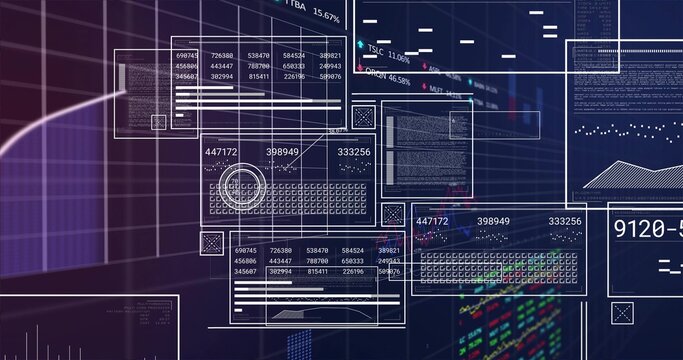 Showing layered data panels on purple navy grid, including numeric matrices, code blocks and charts - Powered by Adobe