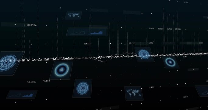 Streaming central horizontal data stream pulsing in dark-space, with radar charts and data pillars