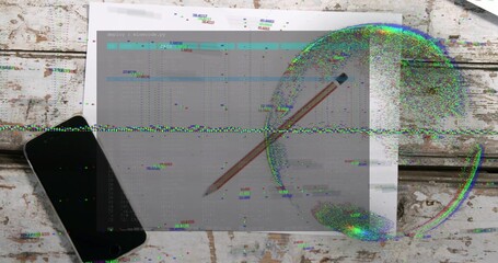 Showing printed sheet with diagonal wooden pencil on worn white tabletop, phone, headphones, glitch