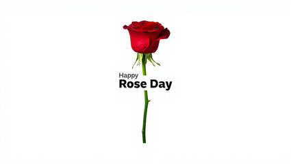 A single red rose on a white background with happy rose day text