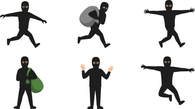 Thief and burglar character actions set showing stealing running and surrender poses flat vector illustration design